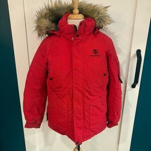 Red down filled /ski/lodge/ parka faux fur size small/gift/ jacket